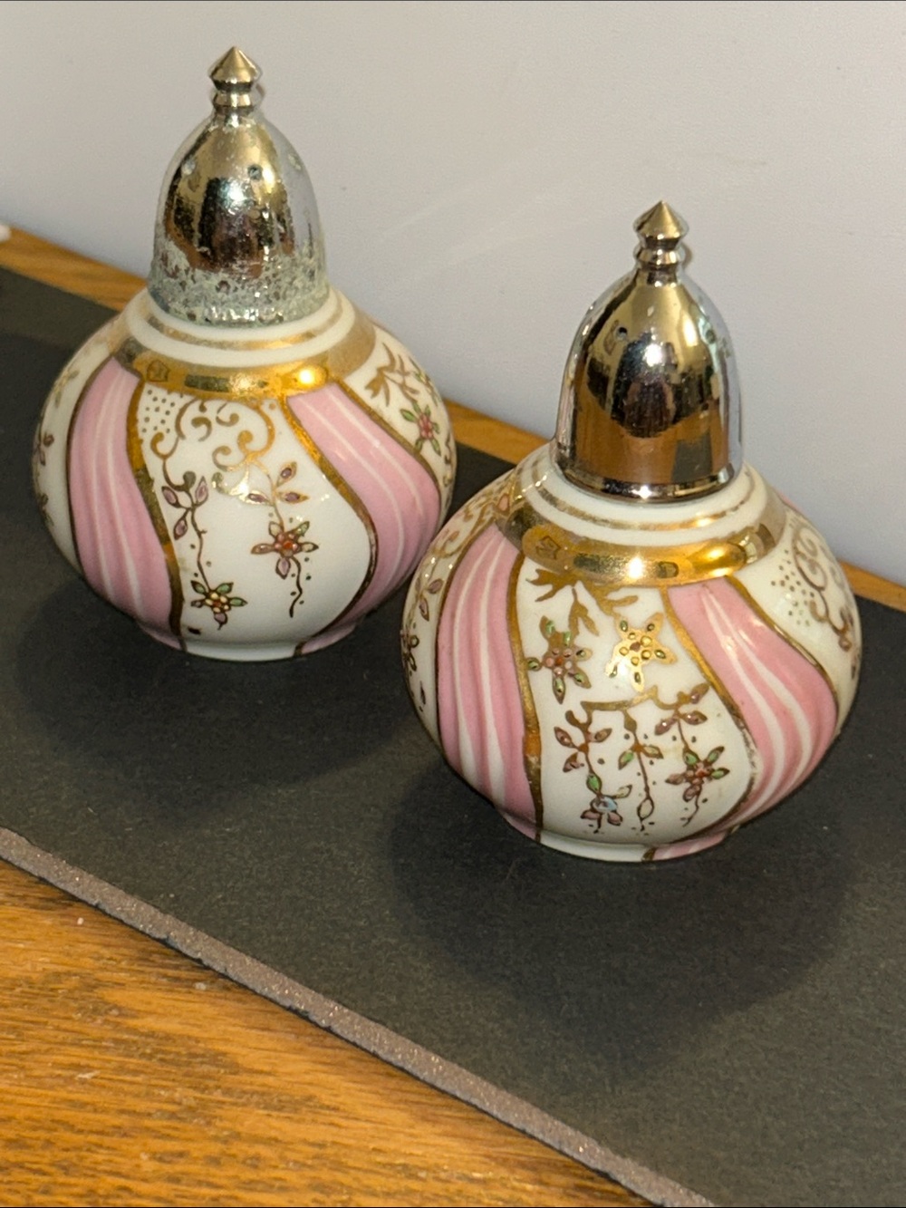 Hand-Painted Pink and Gold Porcelain Salt & Pepper Shaker Set